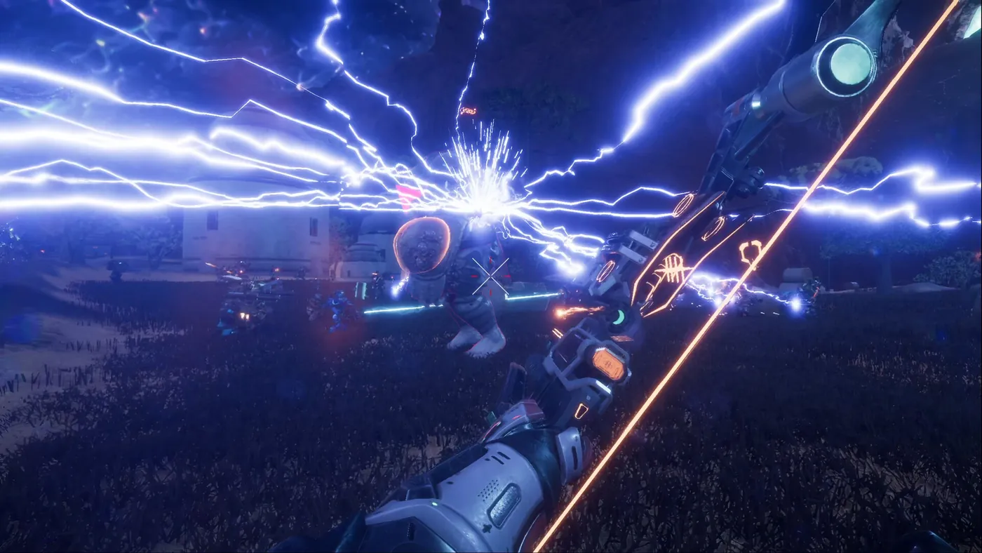 First-person combat in Pax Autocratica with dense blue lightning arcs and an orange laser beam crossing the screen while troops fight in the distance.