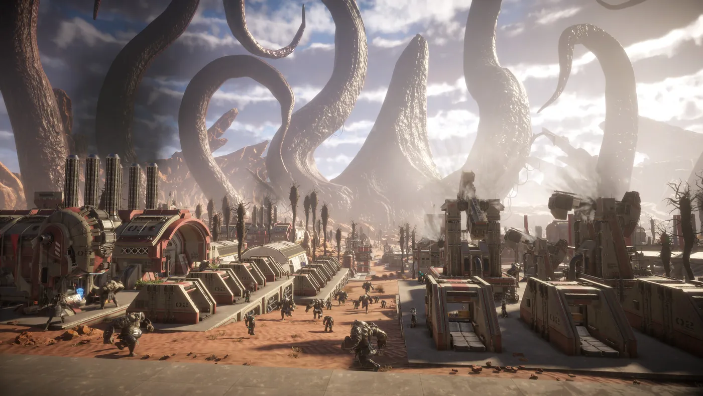 Wide view of a Pax Autocratica colony built across a desert valley, with rows of prefabricated hab structures, workers moving between them, and enormous alien tendrils rising from the landscape behind.