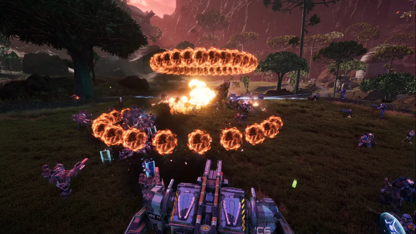 A mounted multi-barrel weapon firing across a grass field in Pax Autocratica, with rings of fire from incoming artillery and enemy troops advancing under a red sky.