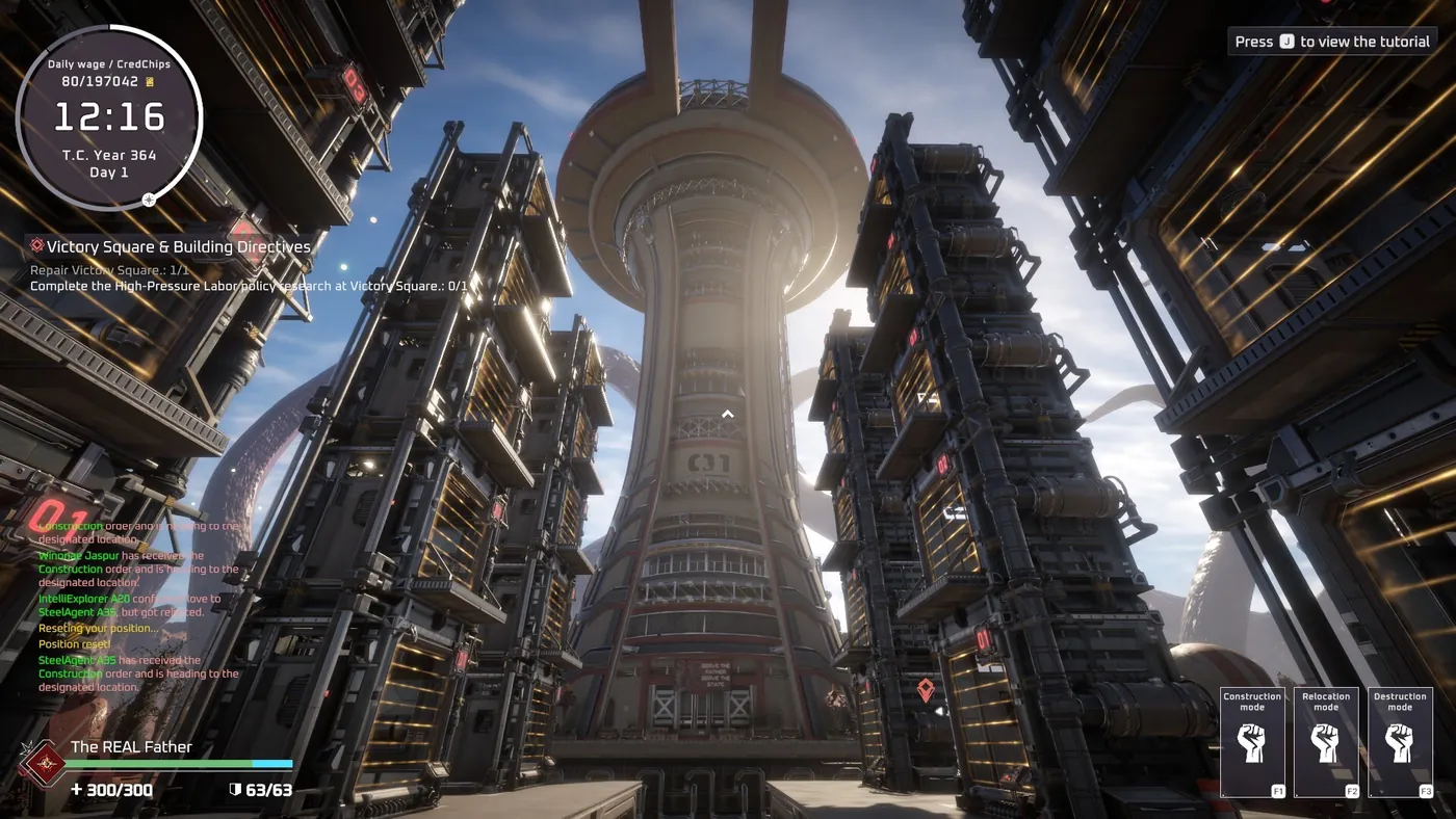 Looking up a narrow street in Pax Autocratica between tall industrial towers toward a central spire, with objective markers and building directives shown in the HUD.